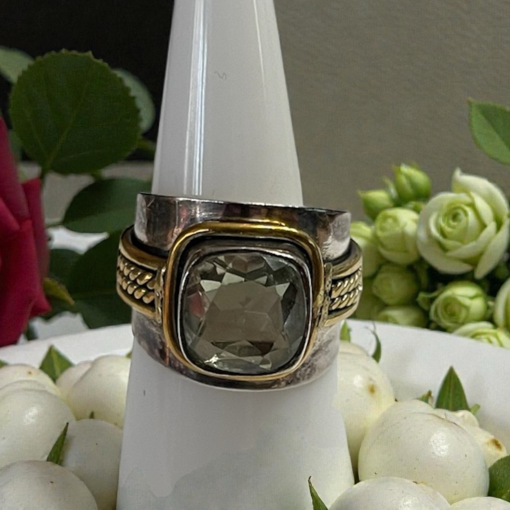 Wide Band Made in India YS Sterling w Brass Accents Cushion Cut Aquamarine Ring